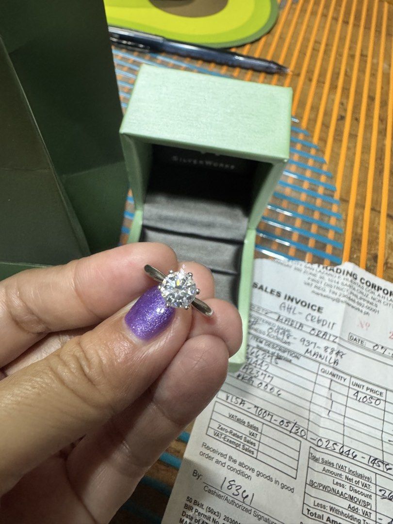 Moissanite Ring (Category: Rings) located in Manila. Submitted by maria200918 (Listing ID 1460395264, Image 3). Description: Moissanite stone • Classic solitaire design • Comes with original box & receipt bought last July at Silverworks.