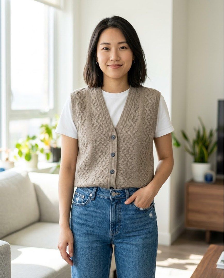 Monale Cable Knit Button Up V-Neck Vest (Category: Coats, Jackets and Outerwear) located in Santa Rosa. Submitted by pauiofficial (Listing ID 1460318859, Image 3). Description: -Small to Medium - Light brown cable knit vest - V-neckline - Button-up front - Ideal for layering over t-shirts or collared shirts - Perfect for casual or smart-casual outfits - Comfortable and stylish.