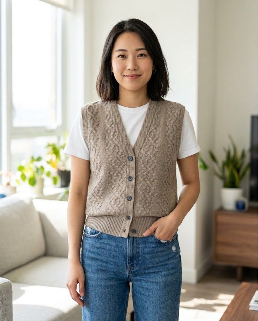 Monale Cable Knit Button Up V-Neck Vest (Category: Coats, Jackets and Outerwear) located in Santa Rosa. Submitted by pauiofficial (Listing ID 1460318859, Image 2). Description: -Small to Medium - Light brown cable knit vest - V-neckline - Button-up front - Ideal for layering over t-shirts or collared shirts - Perfect for casual or smart-casual outfits - Comfortable and stylish.