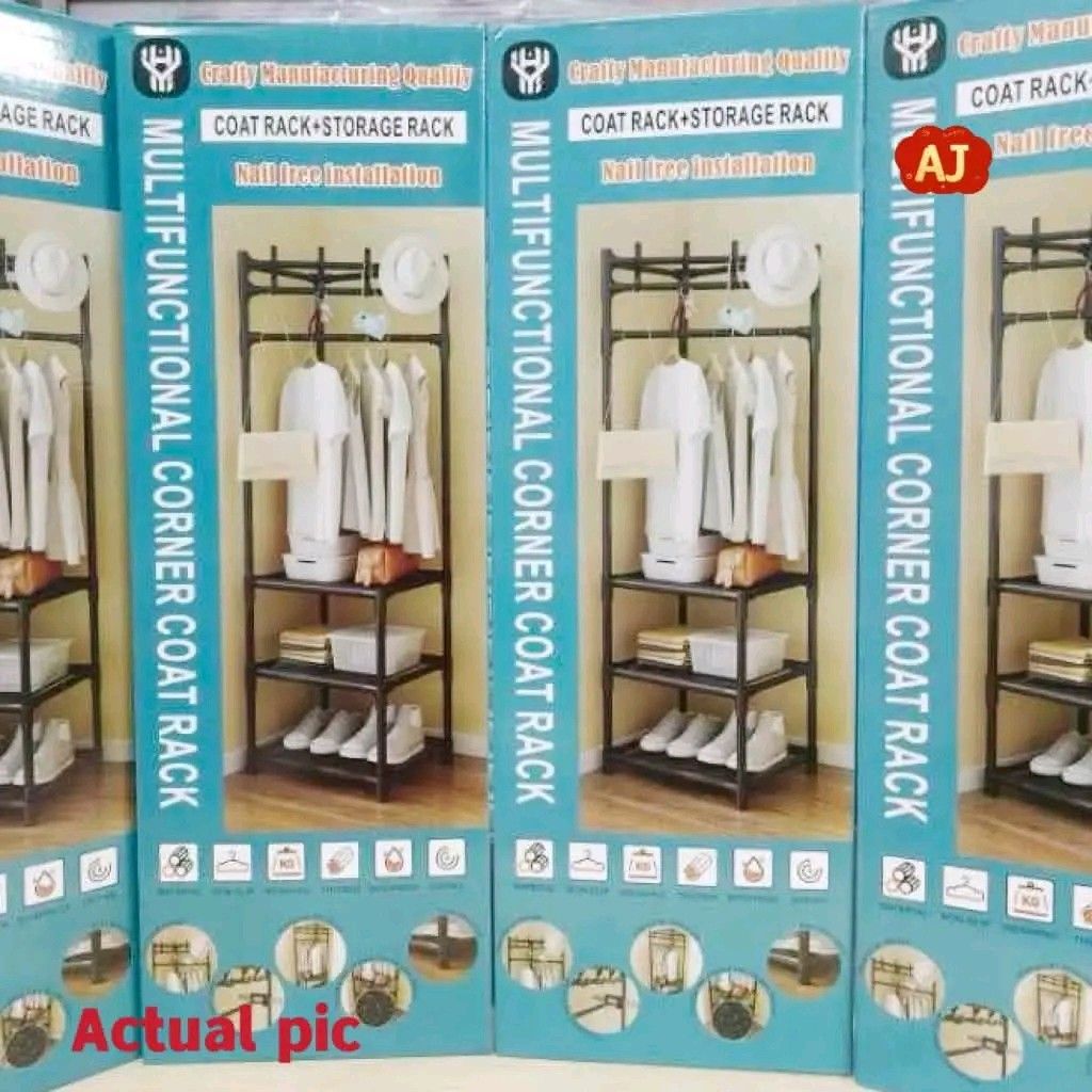 Multifunctional Corner Coat Rack with Storage Shelves (Category: Shelves, Cabinets & Racks) located in Manila. Submitted by marvieobordo (Listing ID 1460410887, Image 2). Description: - Corner coat rack with multiple hooks for coats and hats. - Three shelves for shoes, bags, or other storage. - Available in white or black. - Easy to assemble, no tools required. - Dimensions: 43cm x 43cm x 178cm. - Perfect for maximizing corner space..