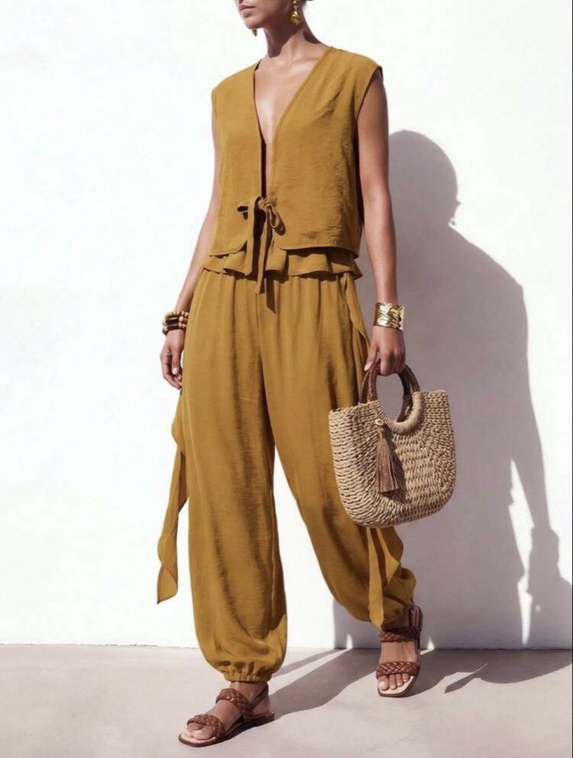 Mustard Yellow Tie-Front Coords Set (Category: Sets or Coordinates) located in Rizal. Submitted by gracefullykept (Listing ID 1460455740, Image 3). Description: - Item: Linen Blend / Crinkle Cotton Mustard Yellow Tie-Front Coords Set (Sleeveless Vest Top & Loose Wide-Leg Pants) - Size: S - Condition: Brandnew - Vibe: Boho Chic / Resortwear / Summer Vacation / Aesthetic Casual 🚛 MOD: J&T / Lalamove 💰 MOP: GCash 💌 Send a direct message for actua
