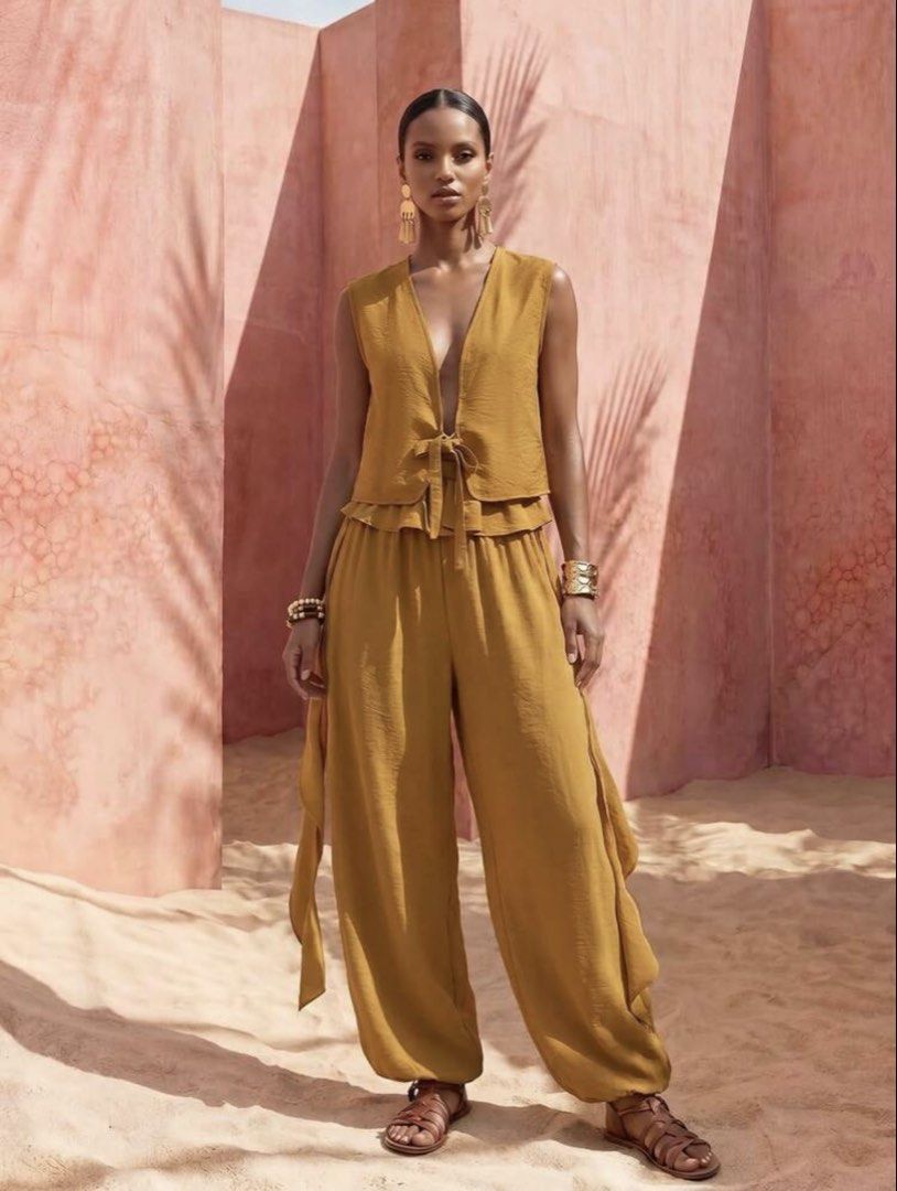 Mustard Yellow Tie-Front Coords Set (Category: Sets or Coordinates) located in Rizal. Submitted by gracefullykept (Listing ID 1460455740, Image 1). Description: - Item: Linen Blend / Crinkle Cotton Mustard Yellow Tie-Front Coords Set (Sleeveless Vest Top & Loose Wide-Leg Pants) - Size: S - Condition: Brandnew - Vibe: Boho Chic / Resortwear / Summer Vacation / Aesthetic Casual 🚛 MOD: J&T / Lalamove 💰 MOP: GCash 💌 Send a direct message for actua