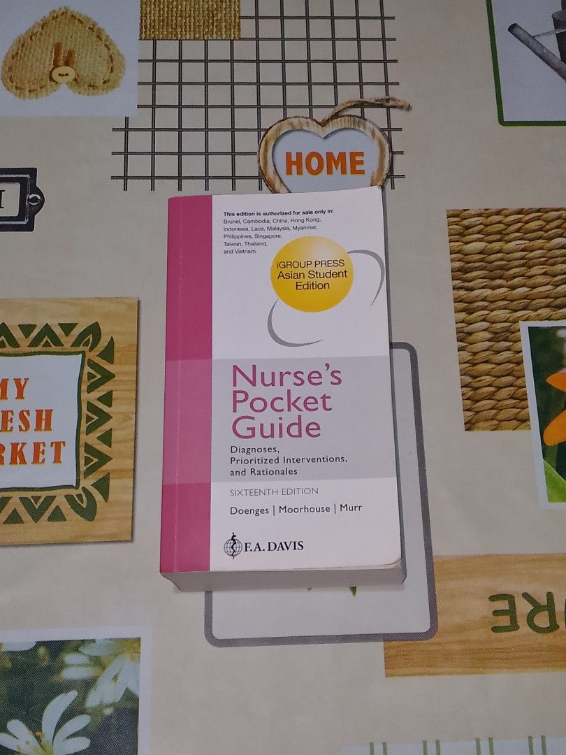 (NANDA) Nurse’s Pocket Guide – 16th Edition (Category: Textbooks) located in Pandi. Submitted by lorichuu (Listing ID 1458824738, Image 1). Description: For Sale: Nurse’s Pocket Guide – 16th Edition Title: Nurse’s Pocket Guide: Diagnoses, Prioritized Interventions, and Rationales Authors: Doenges, Moorhouse & Murr Edition: 16th Edition Publisher: F.A. Davis - Well-used condition. - Unsealed - No plastic cover - Has some pencil highlights/markings