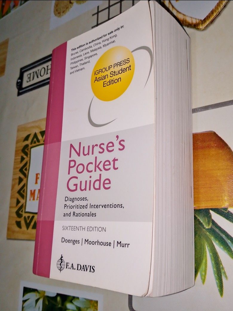 (NANDA) Nurse’s Pocket Guide – 16th Edition (Category: Textbooks) located in Pandi. Submitted by lorichuu (Listing ID 1458824738, Image 2). Description: For Sale: Nurse’s Pocket Guide – 16th Edition Title: Nurse’s Pocket Guide: Diagnoses, Prioritized Interventions, and Rationales Authors: Doenges, Moorhouse & Murr Edition: 16th Edition Publisher: F.A. Davis - Well-used condition. - Unsealed - No plastic cover - Has some pencil highlights/markings