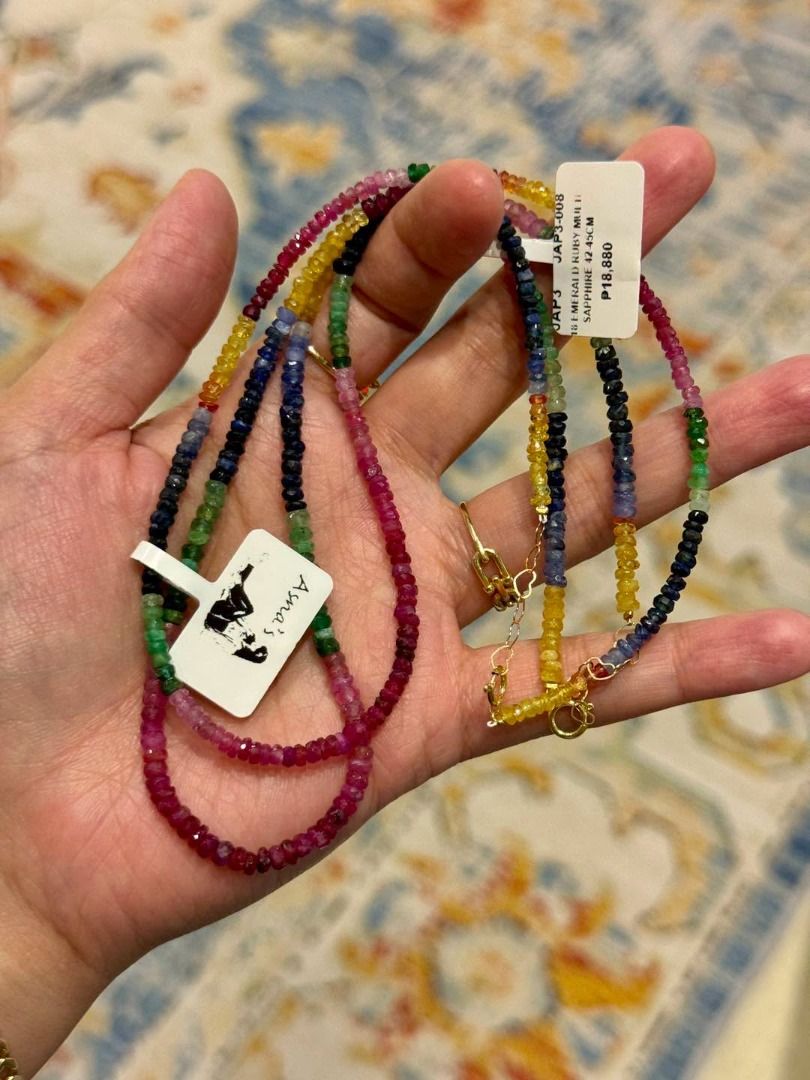 NATURAL MULTICOLOR SAPPHIRE, EMERALD & RUBY K18 GOLD NECKLACE (Category: Necklaces) located in Baguio. Submitted by asna_taku (Listing ID 1460419251, Image 2). Description: 💖 NATURAL MULTICOLOR SAPPHIRE, EMERALD & RUBY K18 GOLD NECKLACE 💖 A gorgeous colorful gemstone strand that adds an elegant pop of color to any look. ✨ Perfect worn solo or styled with chunky pendants for a beautiful layered look! 💎 Natural Multicolor Sapphire, Emerald & Rub