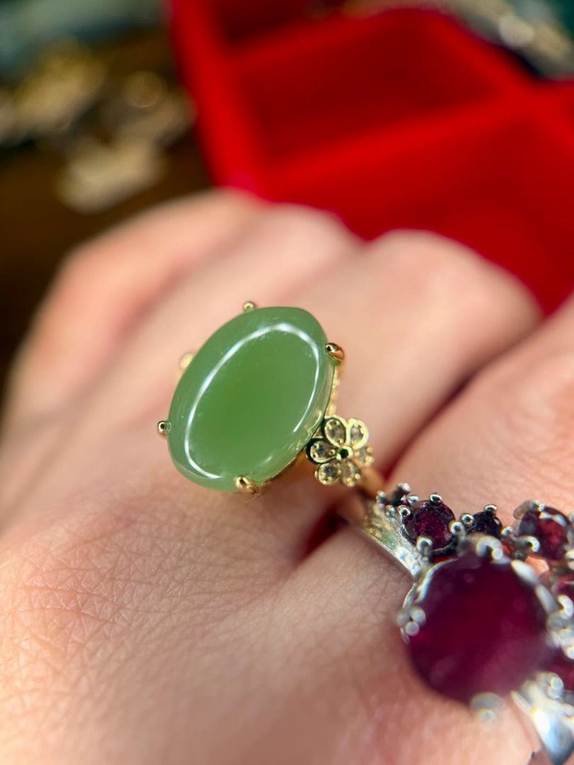 NEW NATURAL GEM SILVER RINGS (Category: Rings) located in Baguio. Submitted by asna_taku (Listing ID 1460406621, Image 3). Description: 🌿 NEW NATURAL GEM SILVER RINGS Two beautiful statement rings with completely different personalities: 💚 Natural Jade — YG Plated Silver | Size 8 ₱4,180 Smooth, polished oval jade in a fresh natural green tone. Paired with delicate floral detailing and warm yellow-gold plating for an elegant, refined look. Clean