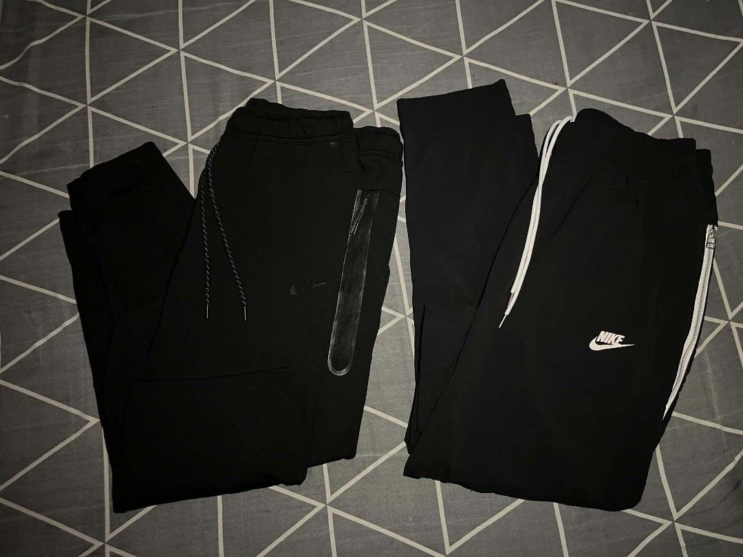 Nike original (Category: Joggers) located in Manila. Submitted by cleverearth.125e3f (Listing ID 1460500811, Image 3). Description: - Two pairs of black Nike pants available. - One pair features stylish white stripe details. - The second pair is the popular Nike Tech Fleece. - Both pairs proudly display the iconic Nike logo. - Ideal for everyday casual wear or athletic activities..