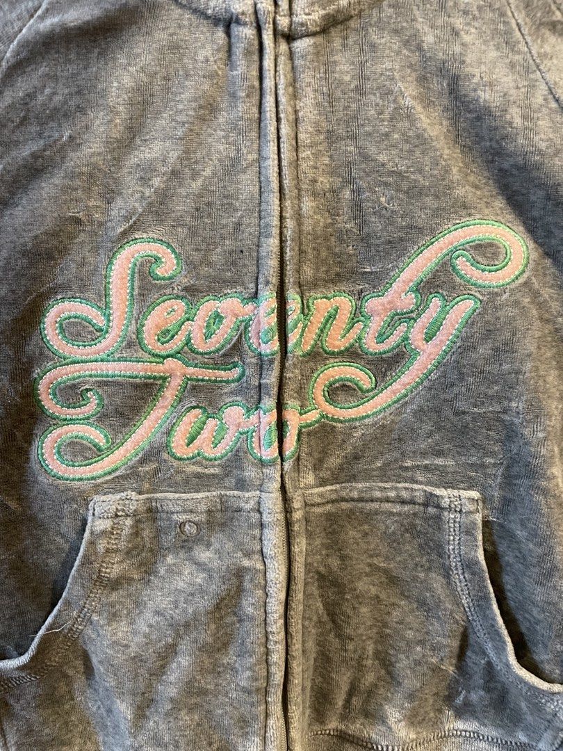 Nike Velour Tracksuit Set Grey "Seventy Two" (Category: Sets or Coordinates) located in Agoo. Submitted by omaethrift (Listing ID 1460331759, Image 2). Description: - Nike Grey Velour Tracksuit Set - Size: S - Jacket features 'Seventy Two' graphic - Pants have a flare leg and light green piping - Made in China - Ideal for lounging and casual wear.