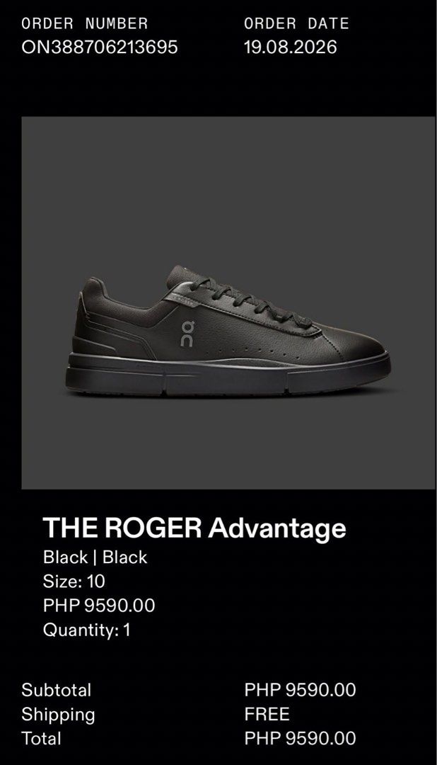 ON THE ROGER Advantage (Category: Sneakers) located in Manila. Submitted by themythfs (Listing ID 1460366128, Image 1). Description: - Color: Black on Black - Size: US 10 - Purchase date: August 19, 2026 - Original price: PHP 9590.00 - Price is negotiable - Includes original box - No issues, fitted only - RFS: Incorrect size.