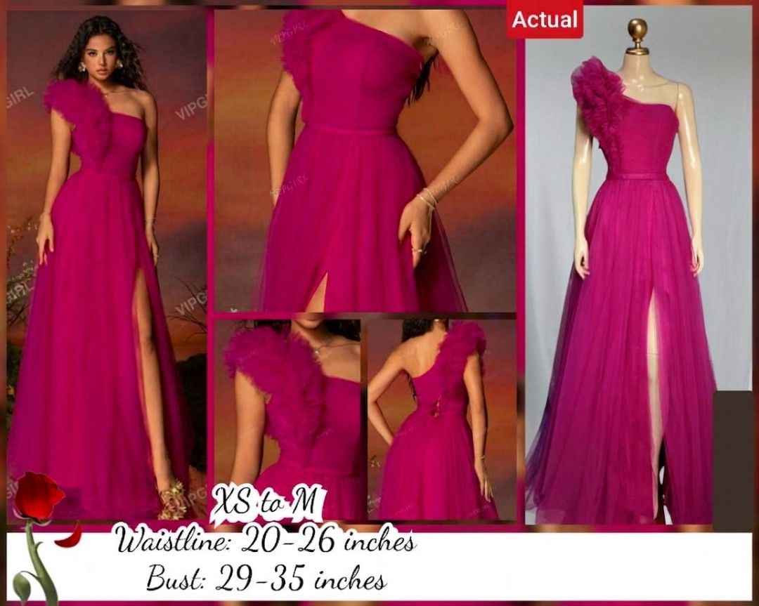 Pink Gown (Category: Evening dresses & gowns) located in Quezon City. Submitted by ccosgen (Listing ID 1460448926, Image 1). Description: - Vibrant magenta/hot pink one-shoulder gown - Elegant ruffled detail on the shoulder - Flirty high slit for a dramatic look - Made from flowy, ethereal tulle fabric - Versatile fit for XS to M sizes - Waistline: 20-26 inches - Bust: 29-35 inches - Ideal for parties, weddings, and formal occasions Brandnew Boug