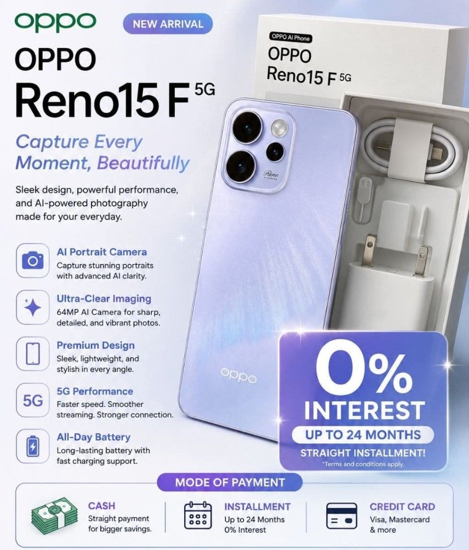 Oppo Reno 15f 5g (Category: OPPO) located in Quezon City. Submitted by mxn_rica (Listing ID 1460351570, Image 1). Description: 📱✨ LEVEL UP WITH OPPO RENO15 F 5G! ✨📱 Experience stylish design, smooth performance, and next-level connectivity with the OPPO Reno15 F 5G! 🔥 💳 AVAILABLE MODES OF PAYMENT: ✅ Cash ✅ Installment ✅ 0% INTEREST — subject to applicable terms & approval 🚚 MEMOXPRESS NATIONWIDE DELIVERY! 📍 Wherever you are in the Philippin