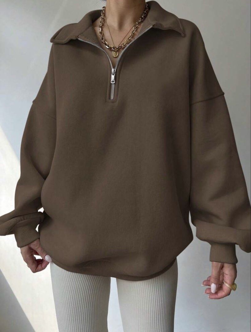 Oversized Brown Quarter-Zip Sweatshirt | L to Plus Size 2XL Pullover (Category: Coats, Jackets and Outerwear) located in Manila. Submitted by denisseni03321 (Listing ID 1460352754, Image 2). Description: - Size: Tagged Size L (Oversized fit, comfortably fits up to 2XL) - Style: Warm mocha brown quarter-zip sweater with silver metal zipper, fold-over collar, dropped shoulders, and ribbed cuffs. - Condition: Pre-loved / Excellent condition - Vibe: 