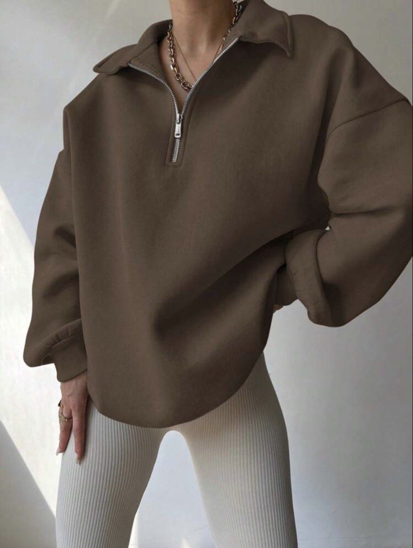 Oversized Brown Quarter-Zip Sweatshirt | L to Plus Size 2XL Pullover (Category: Coats, Jackets and Outerwear) located in Manila. Submitted by denisseni03321 (Listing ID 1460352754, Image 1). Description: - Size: Tagged Size L (Oversized fit, comfortably fits up to 2XL) - Style: Warm mocha brown quarter-zip sweater with silver metal zipper, fold-over collar, dropped shoulders, and ribbed cuffs. - Condition: Pre-loved / Excellent condition - Vibe: 
