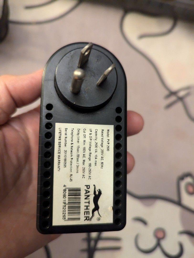 Panther PVP-2500 Voltage Protector Surge Protector (Category: Other Accessories) located in Pasig City. Submitted by imperiumhk (Listing ID 1460313950, Image 2). Description: - Protects against low and high voltage input. - Adjustable delay time settings: 15sec, 30sec, 3min. - Includes telephone and network protection (RJ45). - Works with 250V AC, 10A max..