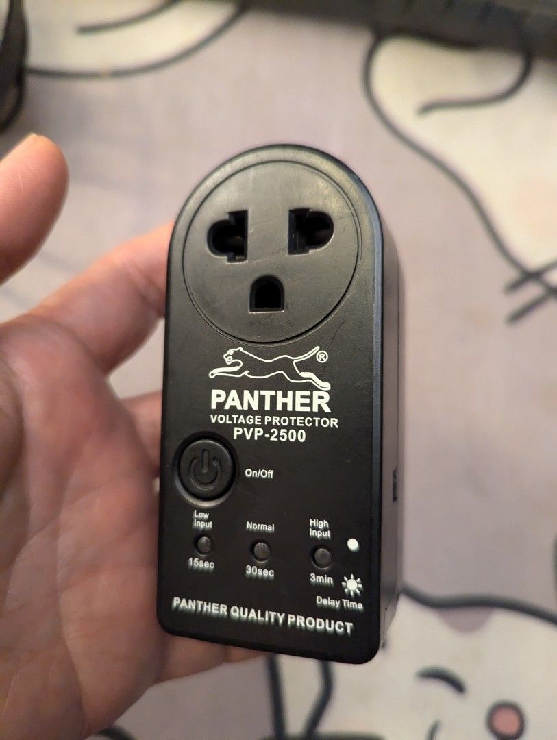 Panther PVP-2500 Voltage Protector Surge Protector (Category: Other Accessories) located in Pasig City. Submitted by imperiumhk (Listing ID 1460313950, Image 1). Description: - Protects against low and high voltage input. - Adjustable delay time settings: 15sec, 30sec, 3min. - Includes telephone and network protection (RJ45). - Works with 250V AC, 10A max..