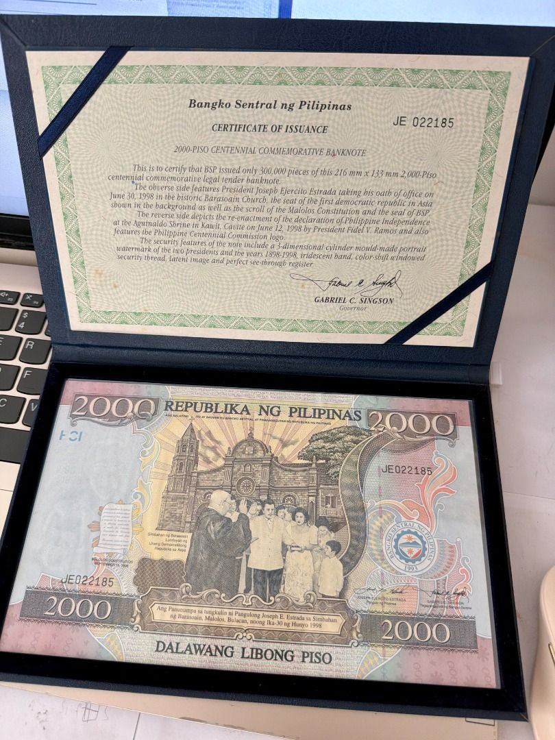 The 2000 - Piso Centennial Commemorative Banknote (big) (Category: Currency) located in Caloocan City. Submitted by swiftgem.2e0efc (Listing ID 1460368746, Image 1). Description: Only 300,00 pcs issued by BSP With certificate of issuance and hard folder 3pcs available on hand.