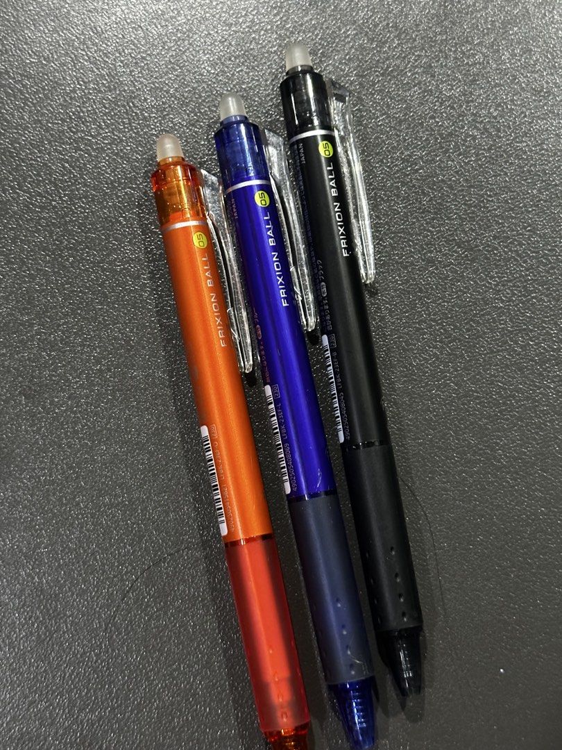 Pilot FriXion Ball 0.5mm Pens (Category: Stationery & School Supplies) located in Manila. Submitted by sharksfin06 (Listing ID 1460473749, Image 1). Description: 75 ea, 200 all All working - Set of 3 Pilot FriXion Ball pens - Tip size: 0.5mm - Colors included: Orange ('PROMISE'), Blue ('SMBCコンシューマーファイナンス'), Black (Japanese text) - Features erasable ink - Ideal for everyday writing and note-taking.
