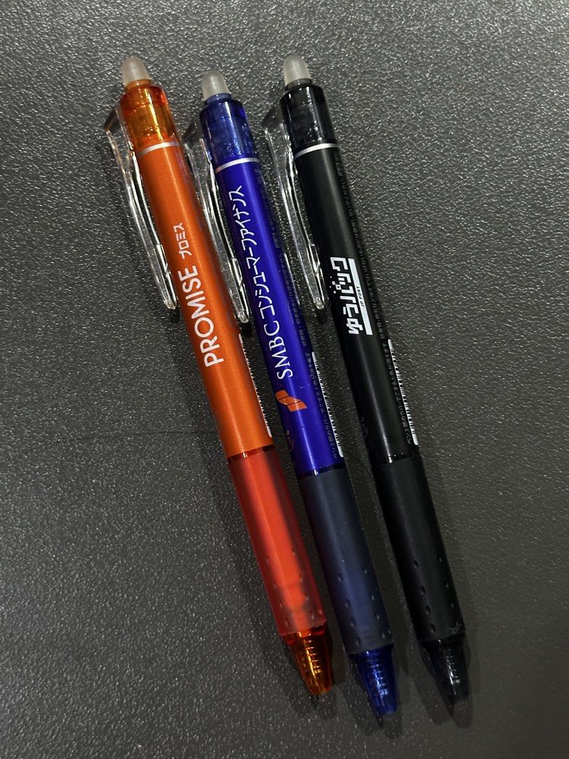 Pilot FriXion Ball 0.5mm Pens (Category: Stationery & School Supplies) located in Manila. Submitted by sharksfin06 (Listing ID 1460473749, Image 2). Description: 75 ea, 200 all All working - Set of 3 Pilot FriXion Ball pens - Tip size: 0.5mm - Colors included: Orange ('PROMISE'), Blue ('SMBCコンシューマーファイナンス'), Black (Japanese text) - Features erasable ink - Ideal for everyday writing and note-taking.