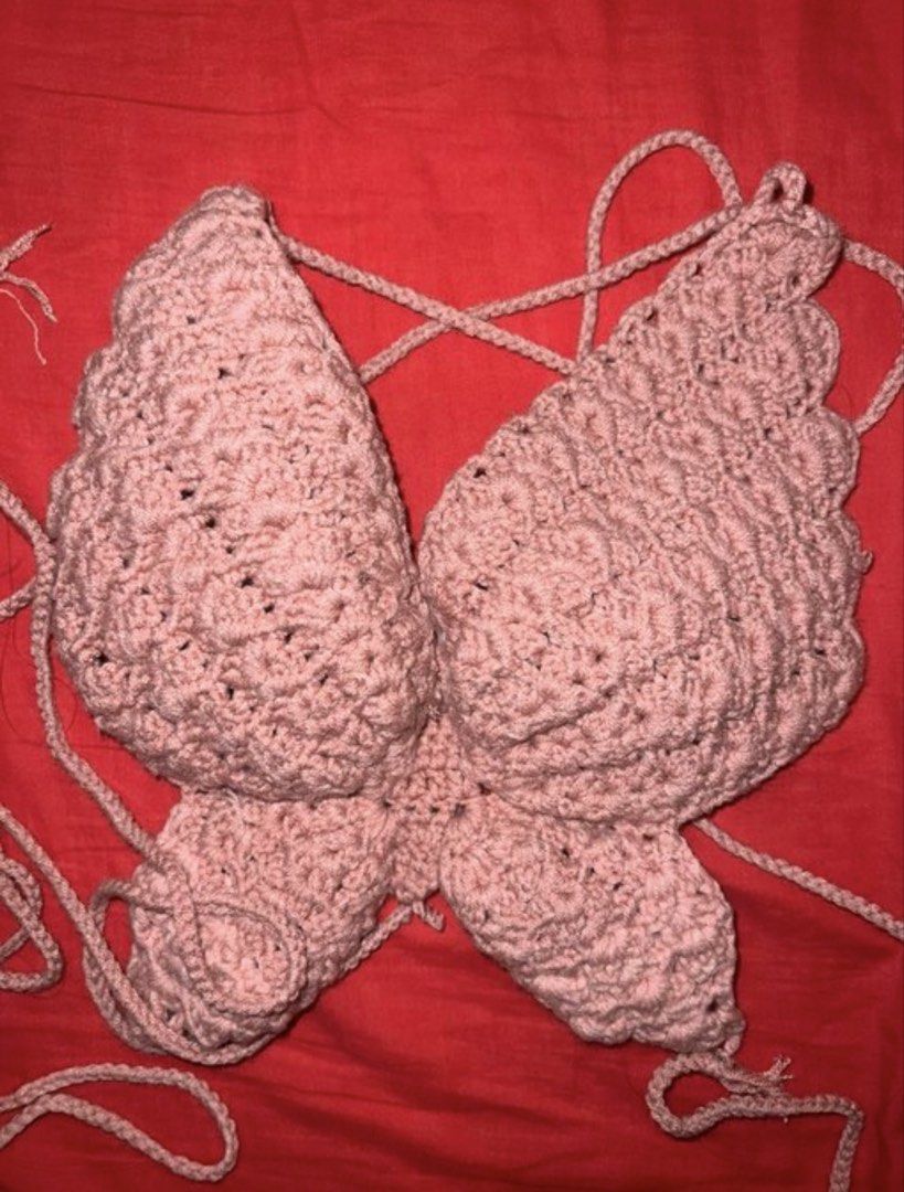 Pink Butterfly Crochet Halter Top (Category: Sleeveless) located in Manila. Submitted by mightystar_c32e41 (Listing ID 1460459482, Image 1). Description: - Handmade crochet top - Ties at neck and back for an adjustable fit - Unique piece for festivals or beach days - XS to Small only.