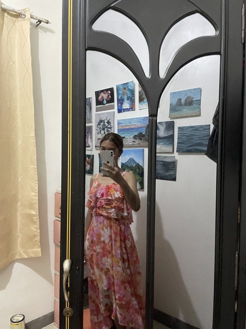 Pink Floral Ruffle Maxi Dress (Category: Dresses) located in Taguig. Submitted by janeecy (Listing ID 1460348621, Image 3). Description: small-medium.
