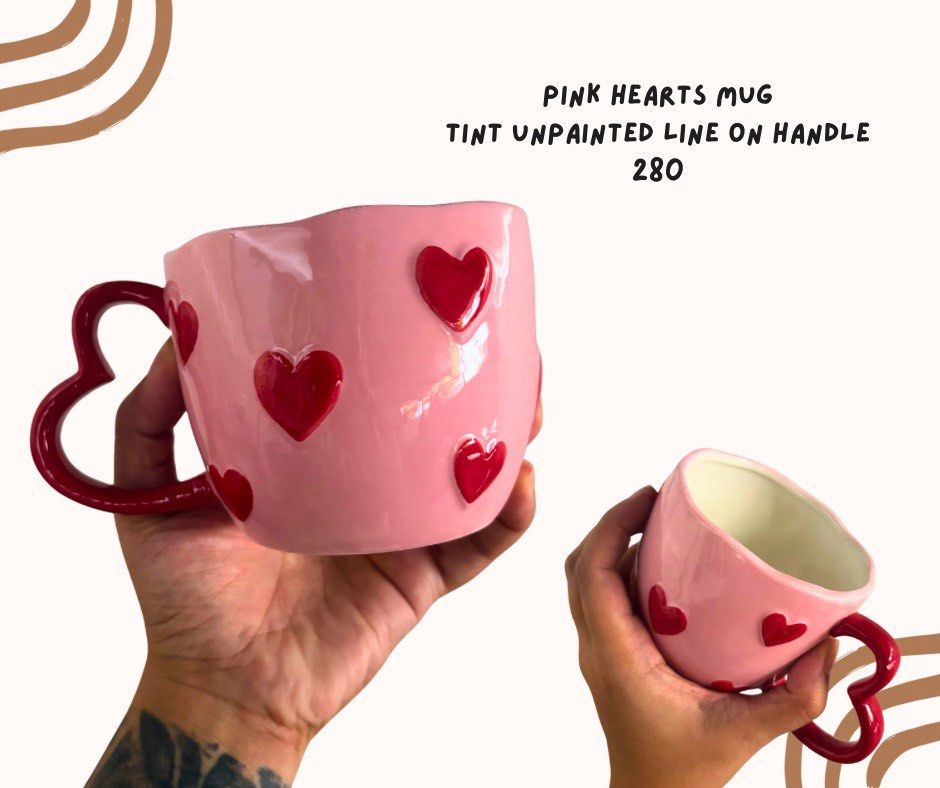 Pink Hearts Coquette Mug (Category: Coffee & Tea Tableware) located in Pasig City. Submitted by homeyvibesph (Listing ID 1460386755, Image 1). Description: Tiny unpainted part on handle.