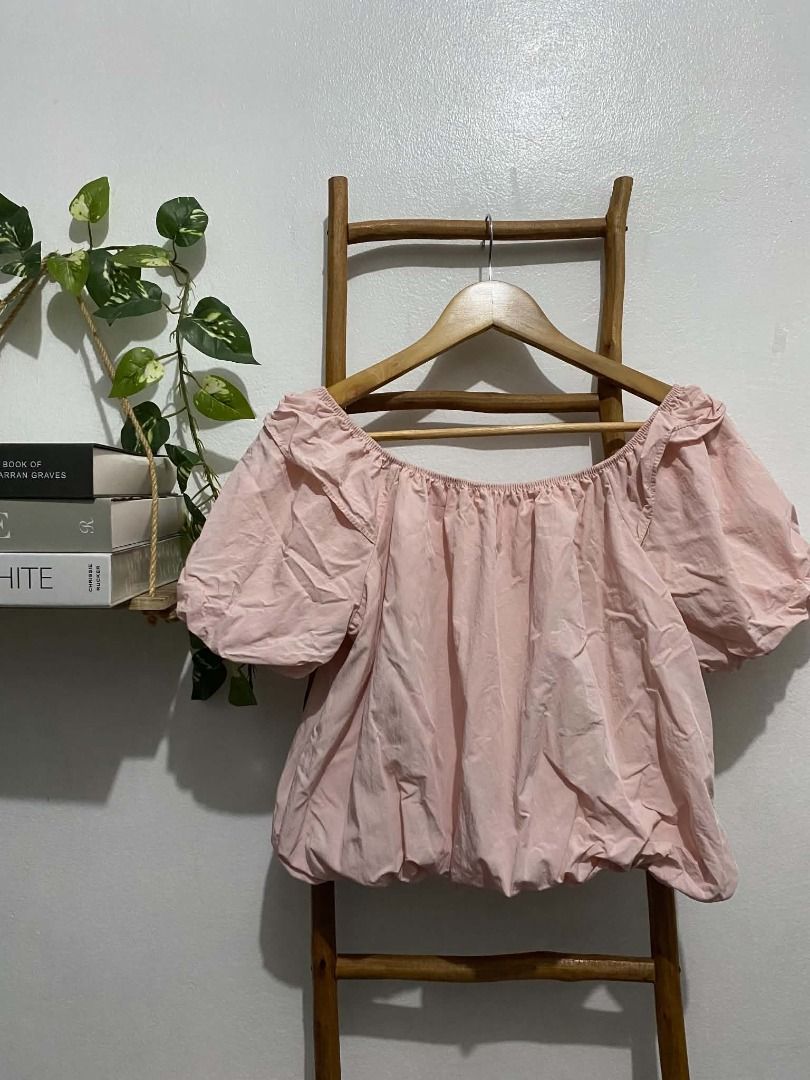 Pink Off-Shoulder Puff Sleeve Bubble Hem Top (Category: Blouses) located in Manila. Submitted by irespectthehustle (Listing ID 1460431754, Image 1). Description: - Cute pink top - Off-shoulder neckline - Puff sleeves - Gathered bubble hem - Lightweight and flowy fabric - Perfect for casual outings or nights with friends - Easy to style with jeans or skirts.