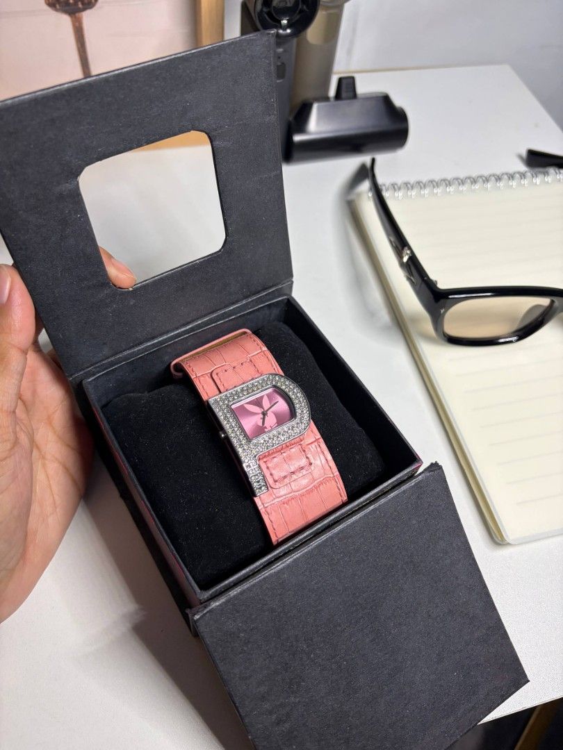 Pink Playboy "P" Watch with Rhinestones (Category: Women's Watches) located in Manila. Submitted by freeocean-4a848f (Listing ID 1460498963, Image 2). Description: For sale Original Playboy vintage/Y2K ladies’ watch 💗 -Pink genuine leather strap -Crystal/rhinestone design With original Playboy box + hologram sticker ✨ Good overall condition ⚠️ Battery needs replacement; currently not running ₱3,500 negotiable PM for inquiries 😊.