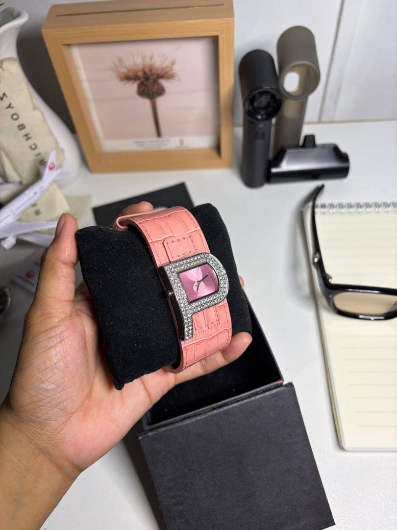 Pink Playboy "P" Watch with Rhinestones (Category: Women's Watches) located in Manila. Submitted by freeocean-4a848f (Listing ID 1460498963, Image 1). Description: For sale Original Playboy vintage/Y2K ladies’ watch 💗 -Pink genuine leather strap -Crystal/rhinestone design With original Playboy box + hologram sticker ✨ Good overall condition ⚠️ Battery needs replacement; currently not running ₱3,500 negotiable PM for inquiries 😊.