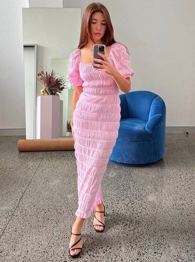 Pink Puff Sleeves Maxi Dress (Category: Dresses) located in Manila. Submitted by declutterwithC (Listing ID 1460387542, Image 2). Description: Nakakaputi and nakakapayat when worn Baby pink in actual Can fit small to large Stretchy.