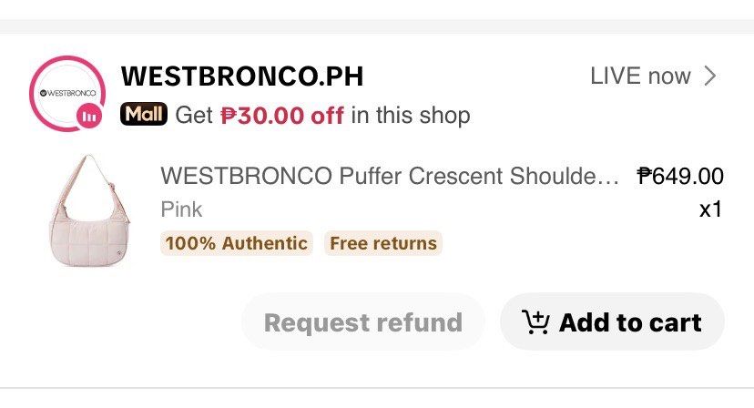 Pink Westbronco Bag (Category: Shoulder Bags) located in Angono. Submitted by cloeset (Listing ID 1460489572, Image 2). Description: - Brand: Westbronco - Style: Puffer Crescent Shoulder Bag - Color: Pink - Design: Trendy crescent shape, padded/quilted - rfs: not being used .