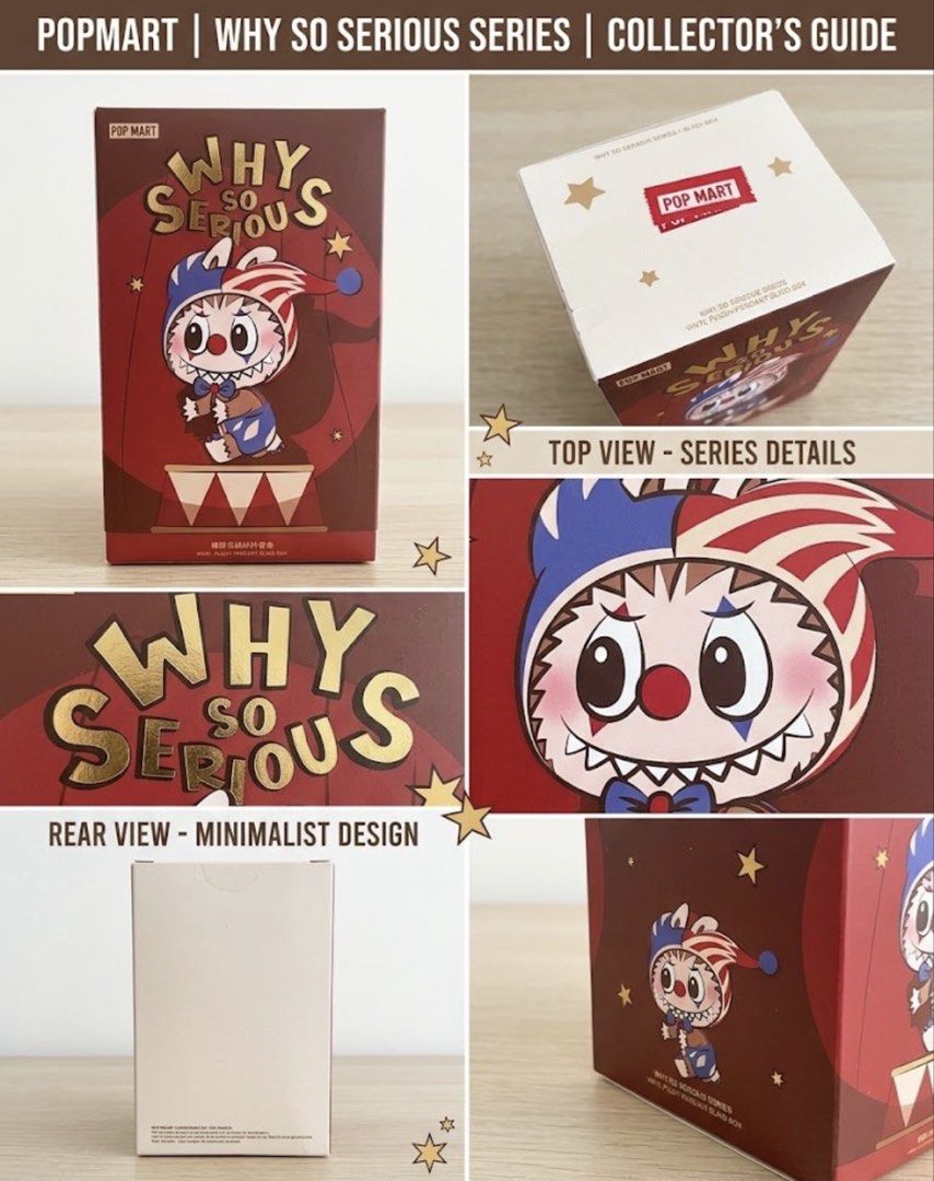 Pop Mart Why So Serious Series Blind Box (Category: Designer & Blind Box Toys) located in Pasig City. Submitted by mary10006 (Listing ID 1460344554, Image 1). Description: - Authentic Pop Mart blind box from the Why So Serious series. - Features an adorable clown character design. - Shows front, top, and side views of the box. - Ideal for Pop Mart enthusiasts and blind box toy collectors. - A fun and unique collectible item..