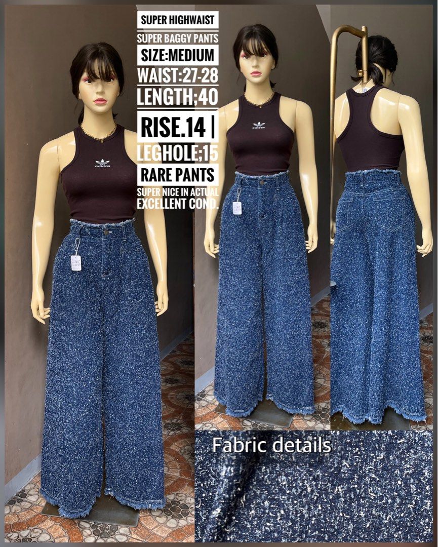 Premium Denim Baggy & Wideleg pants (Category: Jeans) located in Taguig. Submitted by renigiclothingshop_04 (Listing ID 1460480671, Image 1). Description: Super highwaist baggy pants. Size medium. Waist 27-28 inches. Length 40 inches. Rise 14 inches. Leg hole 15 inches. Rare pants. Super nice in actual..