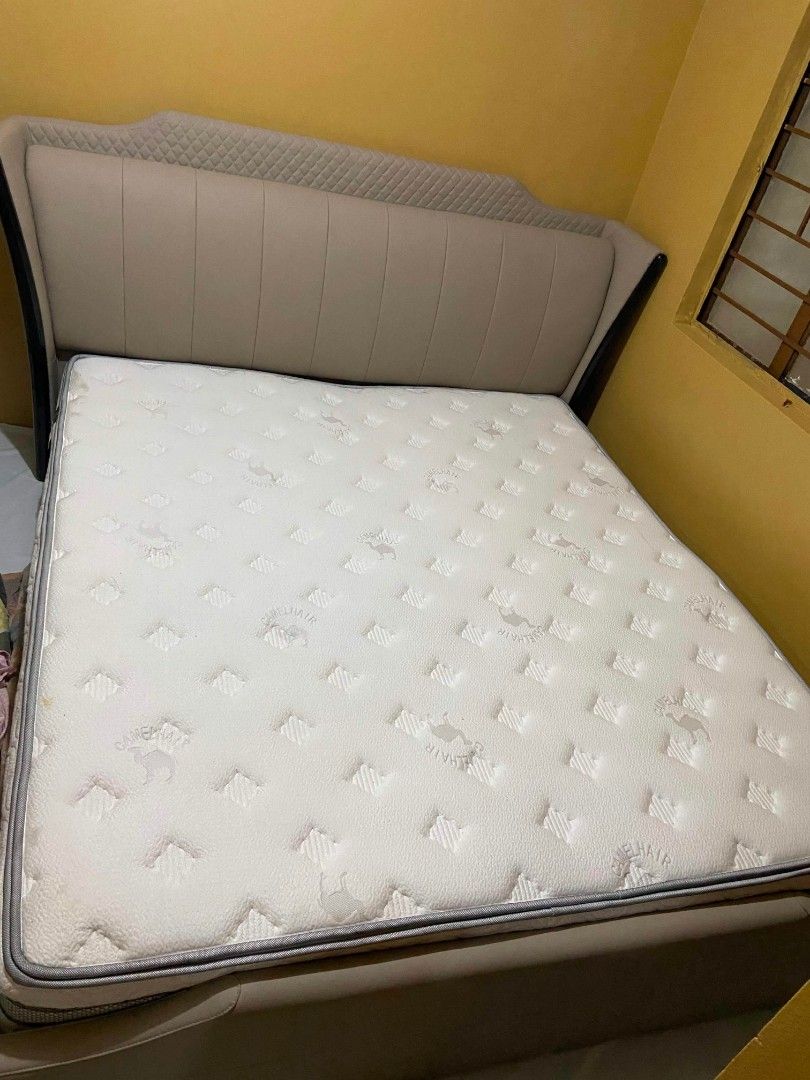 Queen Size Bed Frame with Mattress (Category: Bed Frames & Mattresses) located in Manila. Submitted by jeyohese (Listing ID 1460345916, Image 3). Description: - Queen size bed frame with stylish upholstered headboard - White mattress with quilted pattern - Selling as a set - Pickup only.