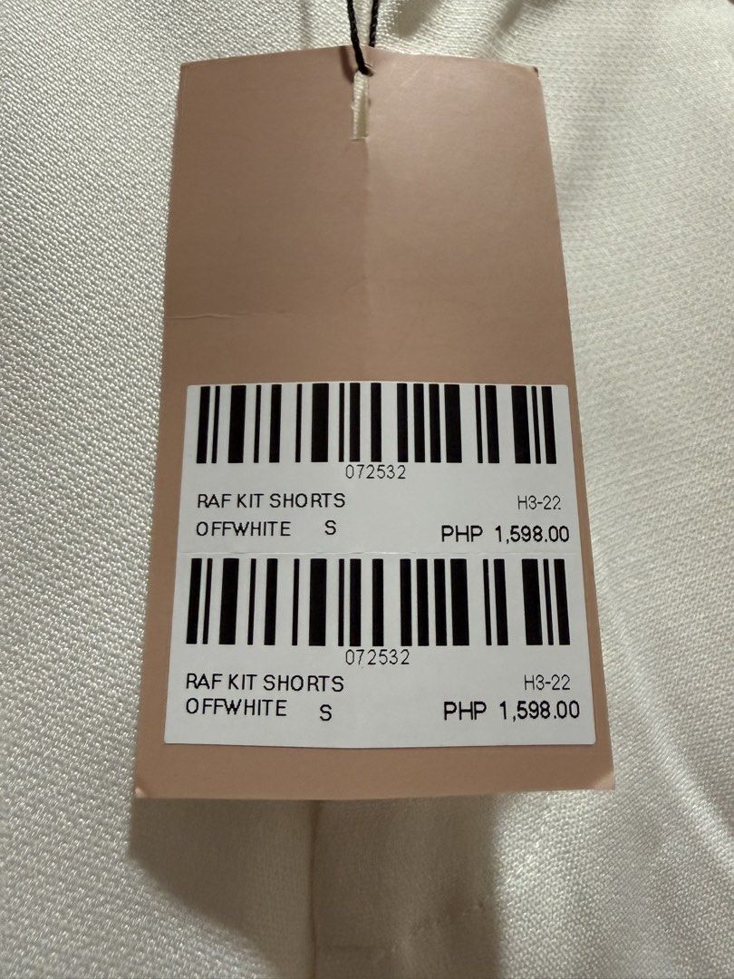 R.A.F. Offwhite Shorts Size S (Category: Shorts) located in Caloocan City. Submitted by oceans18 (Listing ID 1460459828, Image 3). Description: - Off-white R.A.F. shorts - Size: S - Style: Wide leg with cuffed hem - Closure: Zip fly and button - Condition: Brand new with original tag attached - Original Retail Price: PHP 1,598.00.