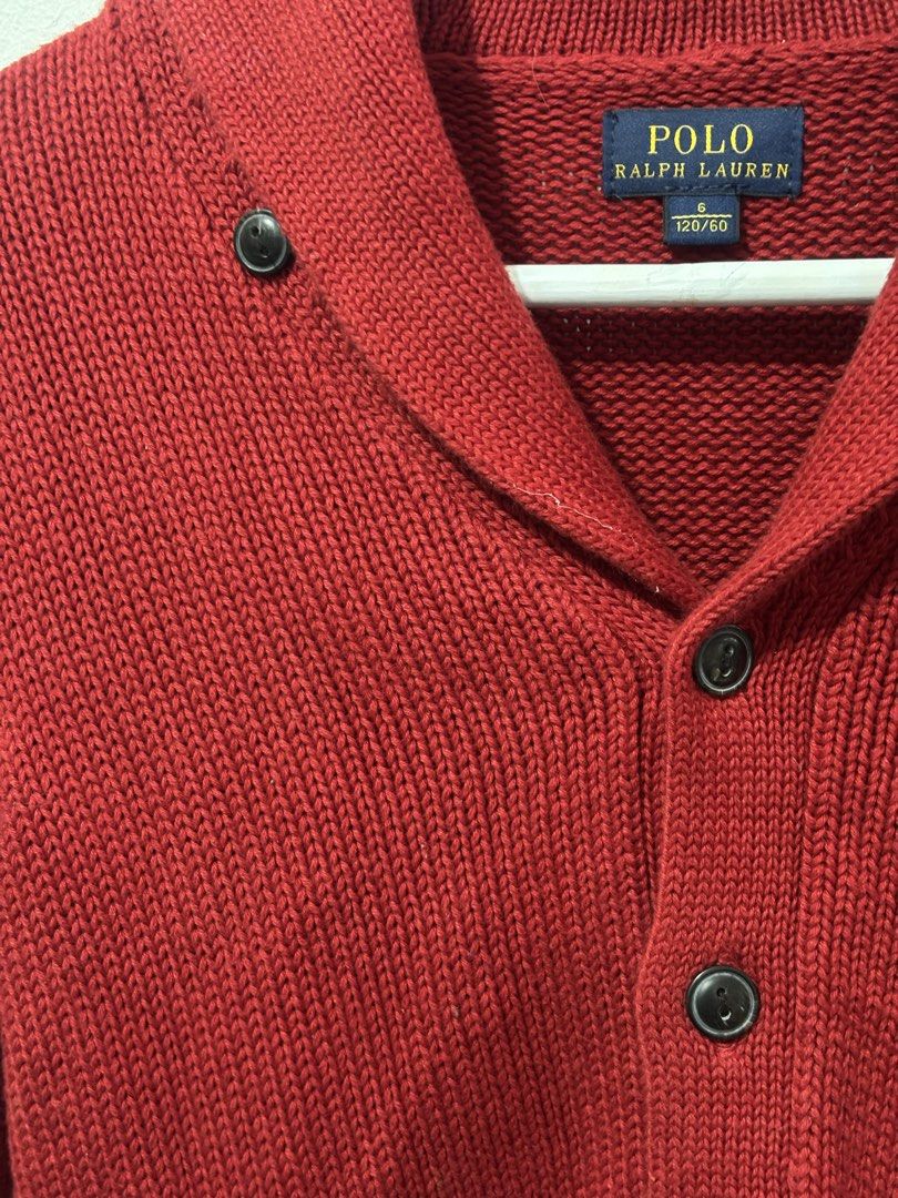 Ralph Lauren (Category: Coats, Jackets and Outerwear) located in Manila. Submitted by kingblaize (Listing ID 1460493171, Image 2). Description: red knit shawl-collar cardigan featuring a distinct blue embroidered Polo player logo on the chest..