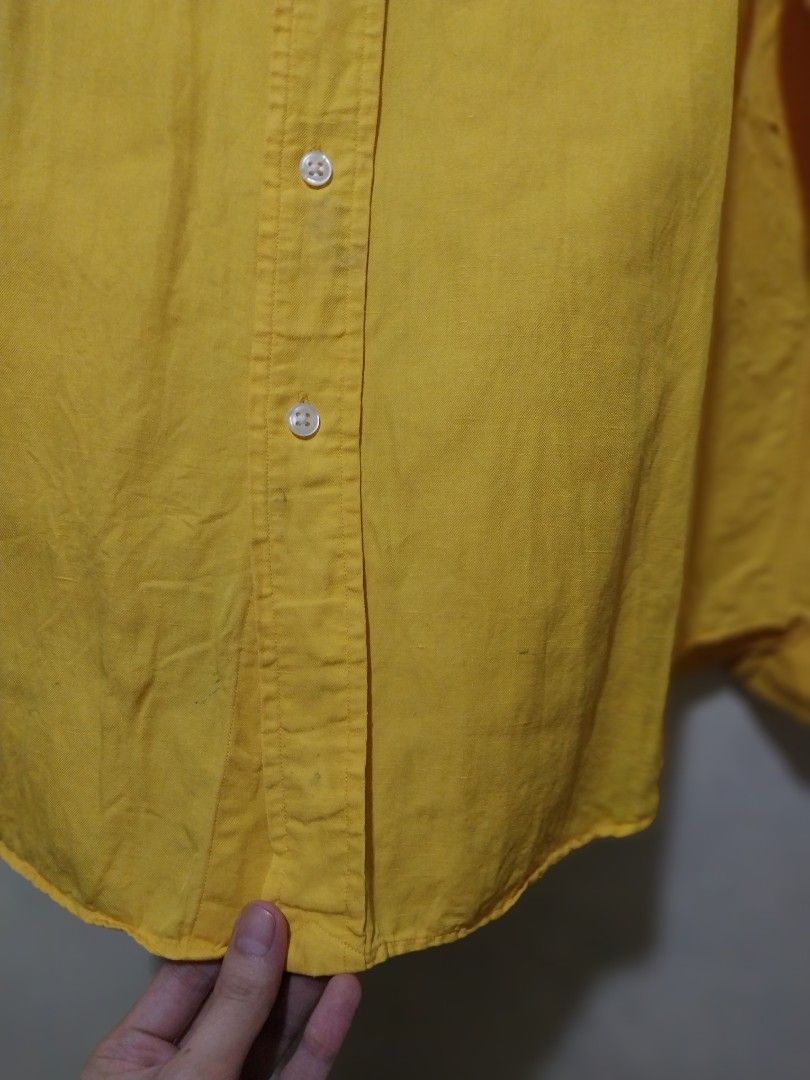Ralph Lauren Yellow Long Sleeve Shirt (Category: Tshirts & Polo Shirts ) located in Manila. Submitted by PrinceDani.Clothing (Listing ID 1460440607, Image 3). Description: Ralph Lauren yellow longsleeves large on tag 26in width 30-32in length issue: stains/ 1 hole below pony .