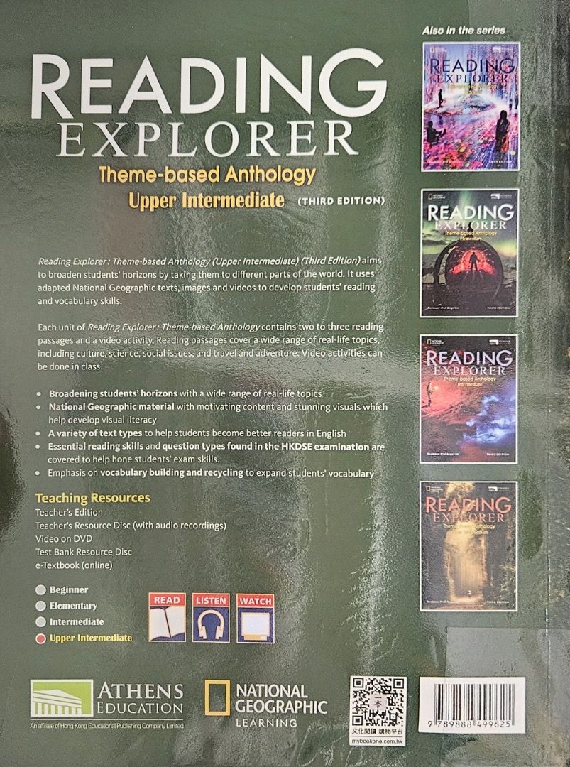 Reading Explorer - Upper Intermediate （分類：教科書）位於 Hong Kong。 由 sychanoy 提交（商品編號 1460467304，圖片 2）。簡介： Theme-based anthology 2024 edition. Each unit has reading materials and video suggestions. Less than 10% written.。
