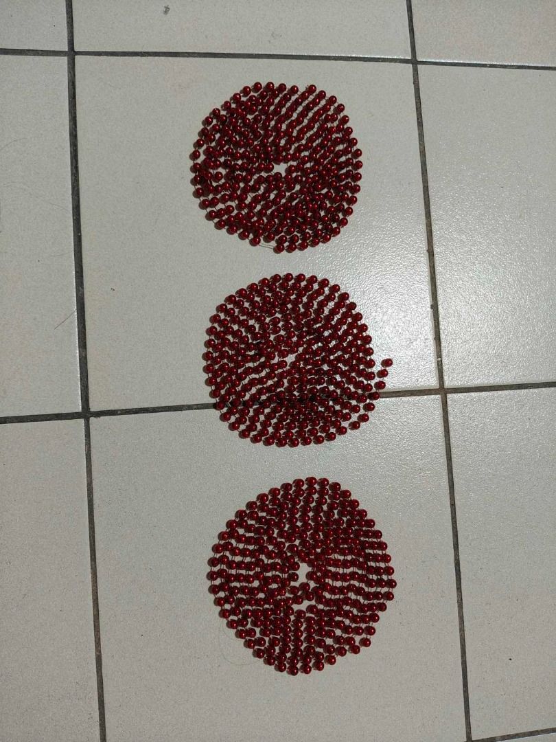 Red Beaded Garland String for Christmas Tree/Decoration 3sets (Category: Other Home Decor) located in Quezon City. Submitted by oddduck02 (Listing ID 1460370357, Image 1). Description: - String of shiny red beads 3x sets - Round, uniform bead size - Length = 8ft. + 9 1/2inches / 8ft. + 9 3/4inches / 8ft. + 10 1/2inches - Reason for selling = Cleaning house.
