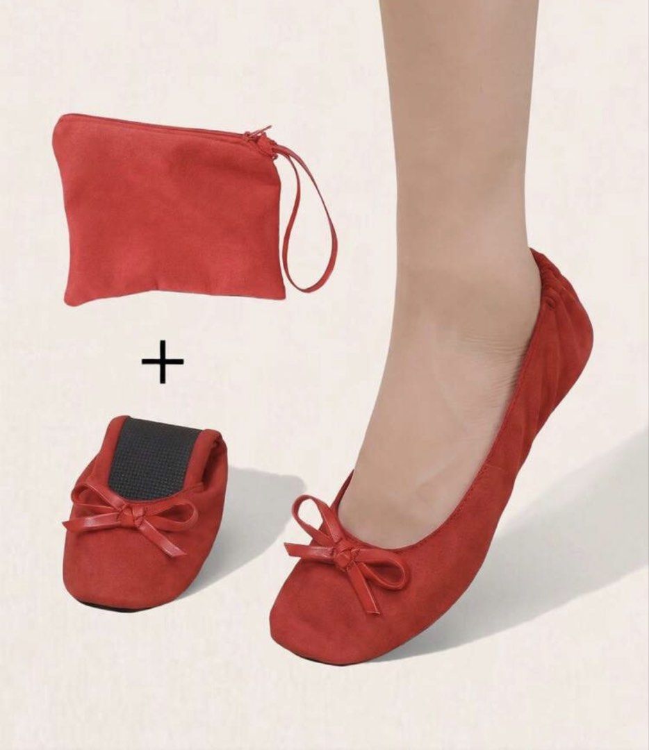 Red Foldable Ballet Flats with Pouch (Category: Flats & Sandals) located in Iloilo. Submitted by dabyladaby2 (Listing ID 1460433995, Image 1). Description: - Red foldable ballet flats - Features a cute bow detail on the front - Comes with a matching red pouch for storage - Folds up compactly, ideal for carrying in a bag - Perfect for travel, emergencies, or when your feet need a break - Easy slip-on and slip-off design -best for 22.5cm feet - not