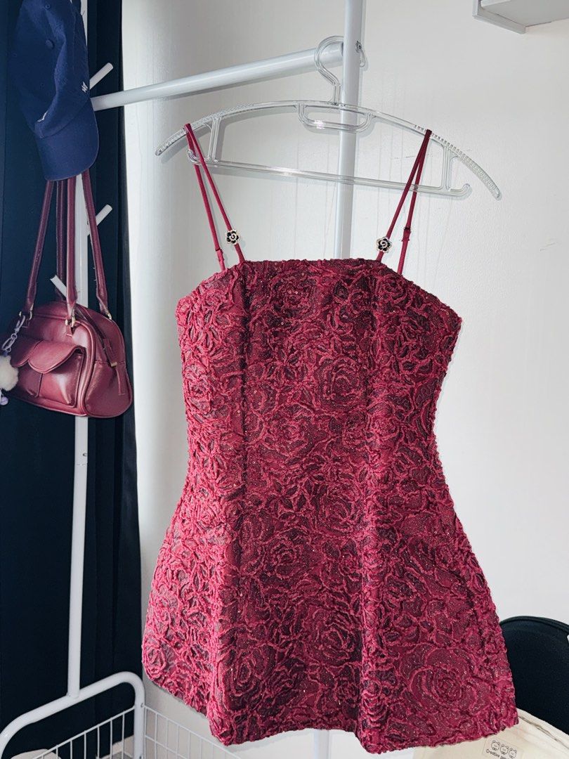 Red Mini Dress (Category: Dresses) located in Manila. Submitted by rancesthingz (Listing ID 1460314647, Image 1). Description: BRAND NEW !! - Textured rose lace overlay - Spaghetti straps with floral embellishments - Ideal for parties or special occasions Size Large but prefer for semi-med to med size girlyyyy - Bust: 84cm - Length: 67cm - Waist: 76cm NO WHEN WORN :( Last price posted!!!.