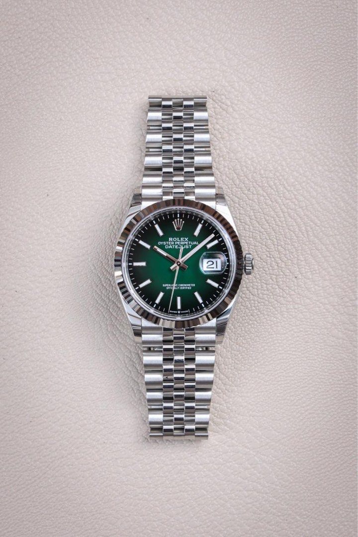 Rolex Datejust Green Ombre (Category: Luxury Watches) located in Makati City. Submitted by vintage.grail (Listing ID 1460339719, Image 2). Description: Brand new 2026 Rolex Datejust Green Ombre Dial, 36mm Reference 126234 Complete Set 🏷️ Php 1,050,000 DM to reserve Available for viewing at Vintage Grail, The Peninsula Manila.