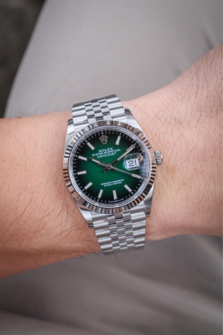 Rolex Datejust Green Ombre (Category: Luxury Watches) located in Makati City. Submitted by vintage.grail (Listing ID 1460339719, Image 1). Description: Brand new 2026 Rolex Datejust Green Ombre Dial, 36mm Reference 126234 Complete Set 🏷️ Php 1,050,000 DM to reserve Available for viewing at Vintage Grail, The Peninsula Manila.