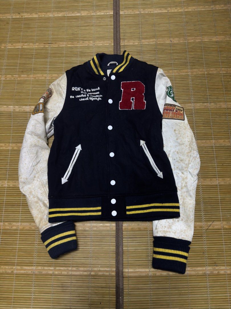ROXY LETTERMAN JACKET (Category: Coats, Jackets and Outerwear) located in Klang. Submitted by houseofgrailed (Listing ID 1460468539, Image 1). Description: Leather sleeve and finishing ada kesan kuning pd sleeve P19 L23.