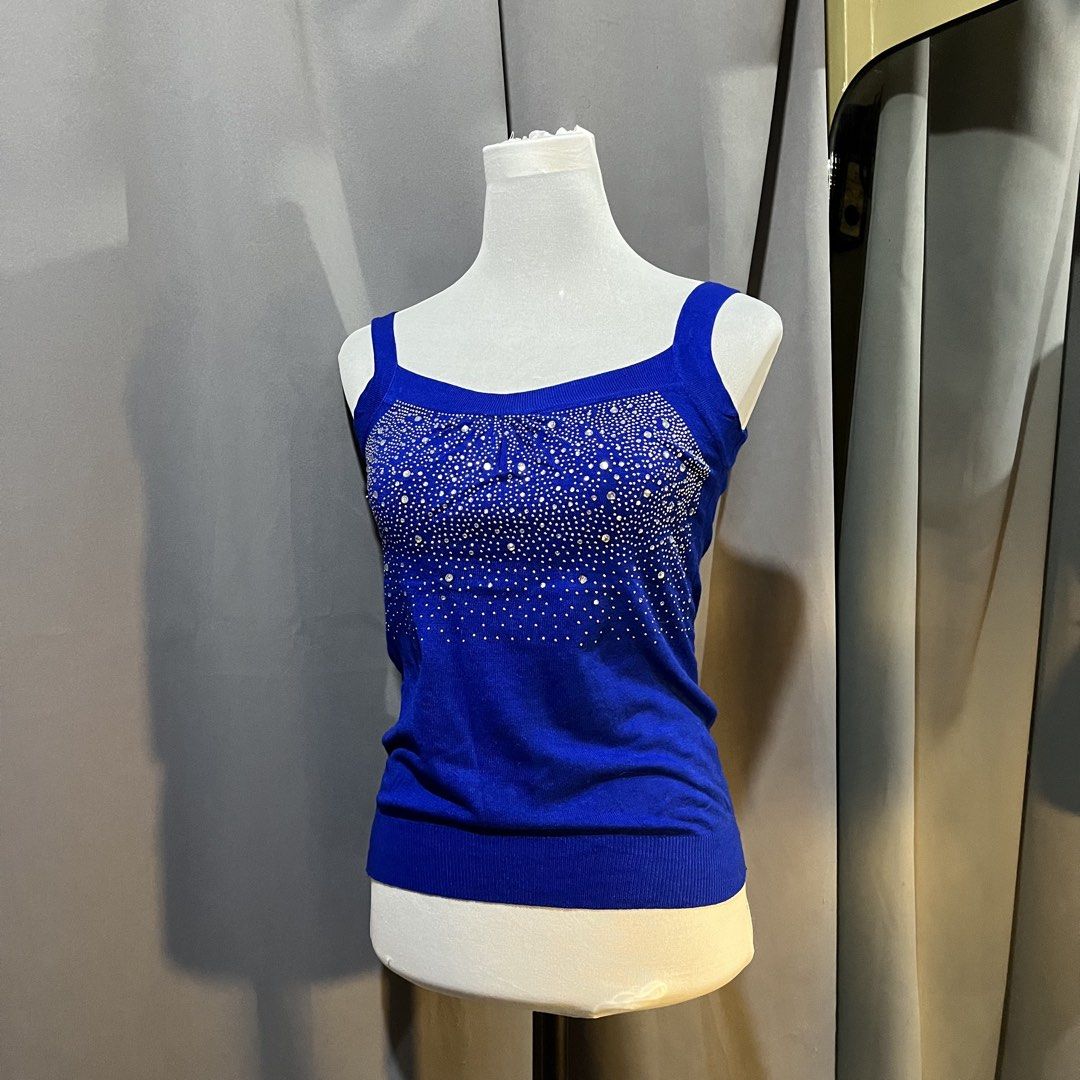 Royal Blue Sequin Rhinestone Tank Top (Category: Sleeveless) located in Manila. Submitted by madfitzz (Listing ID 1460503581, Image 1). Description: - Royal blue tank top - Sparkly embellishments on the front - Square neckline - Spaghetti straps - Ribbed hem - Versatile for layering or wearing alone - Comfortable and eye-catching.