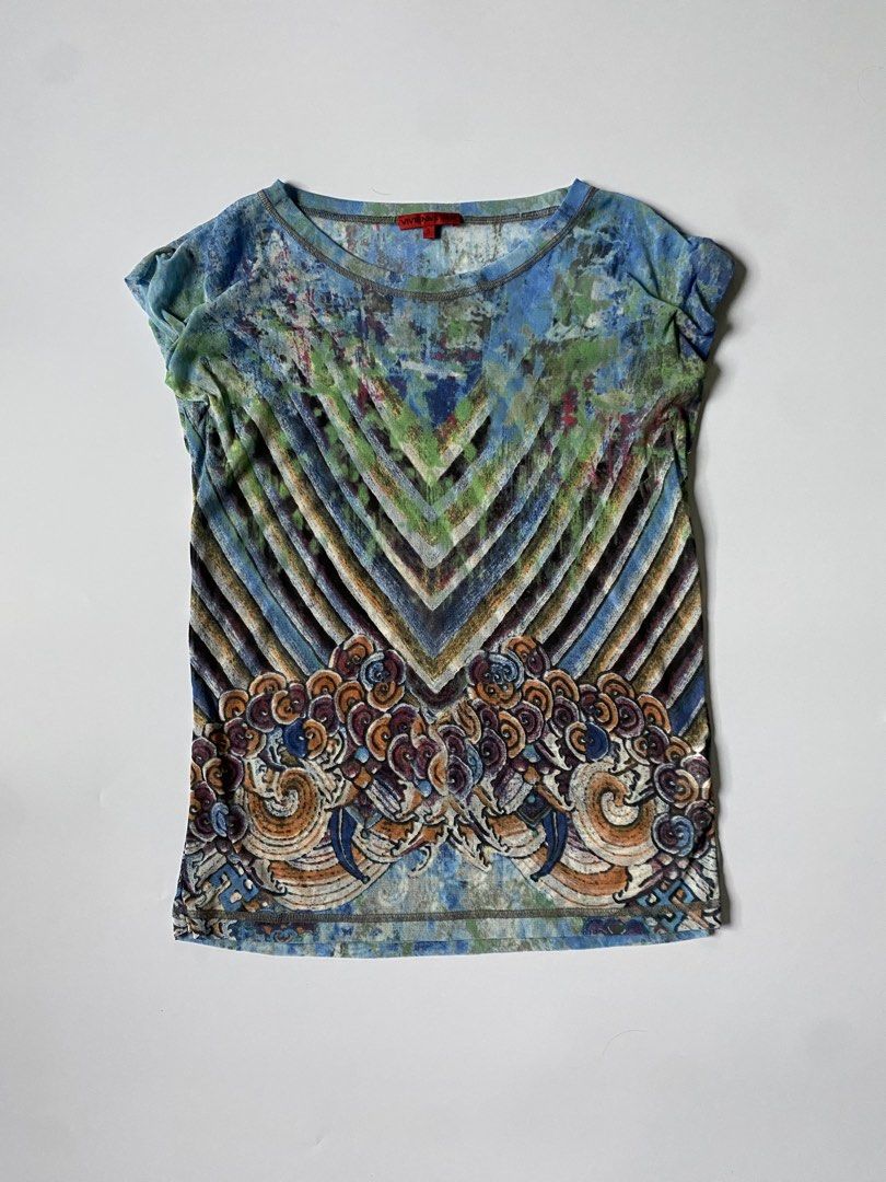 “SAMPLE” Vivienne Tam AOP Distinctive Cloud Print Mesh Top (Category: Blouses) located in Baguio. Submitted by the_gunstore (Listing ID 1460444828, Image 1). Description: Size tagged: S Issue: None Width:17 Length:24 Shoulder:20 Sleeve:.