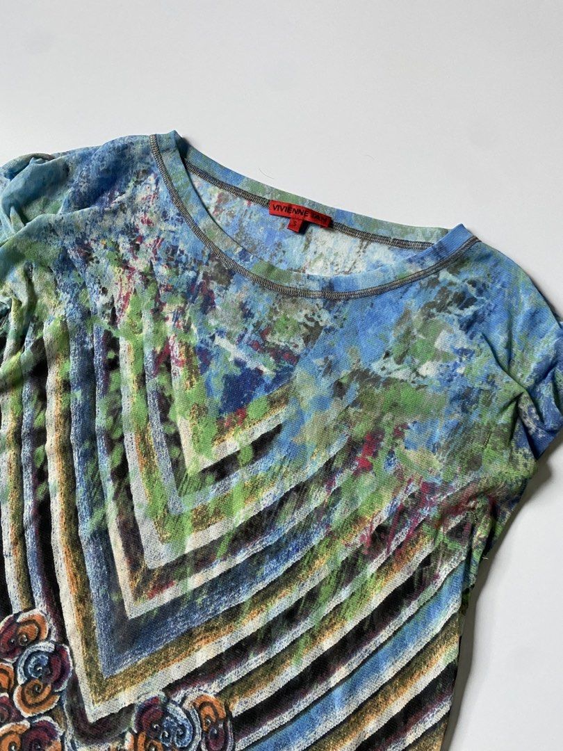 “SAMPLE” Vivienne Tam AOP Distinctive Cloud Print Mesh Top (Category: Blouses) located in Baguio. Submitted by the_gunstore (Listing ID 1460444828, Image 2). Description: Size tagged: S Issue: None Width:17 Length:24 Shoulder:20 Sleeve:.