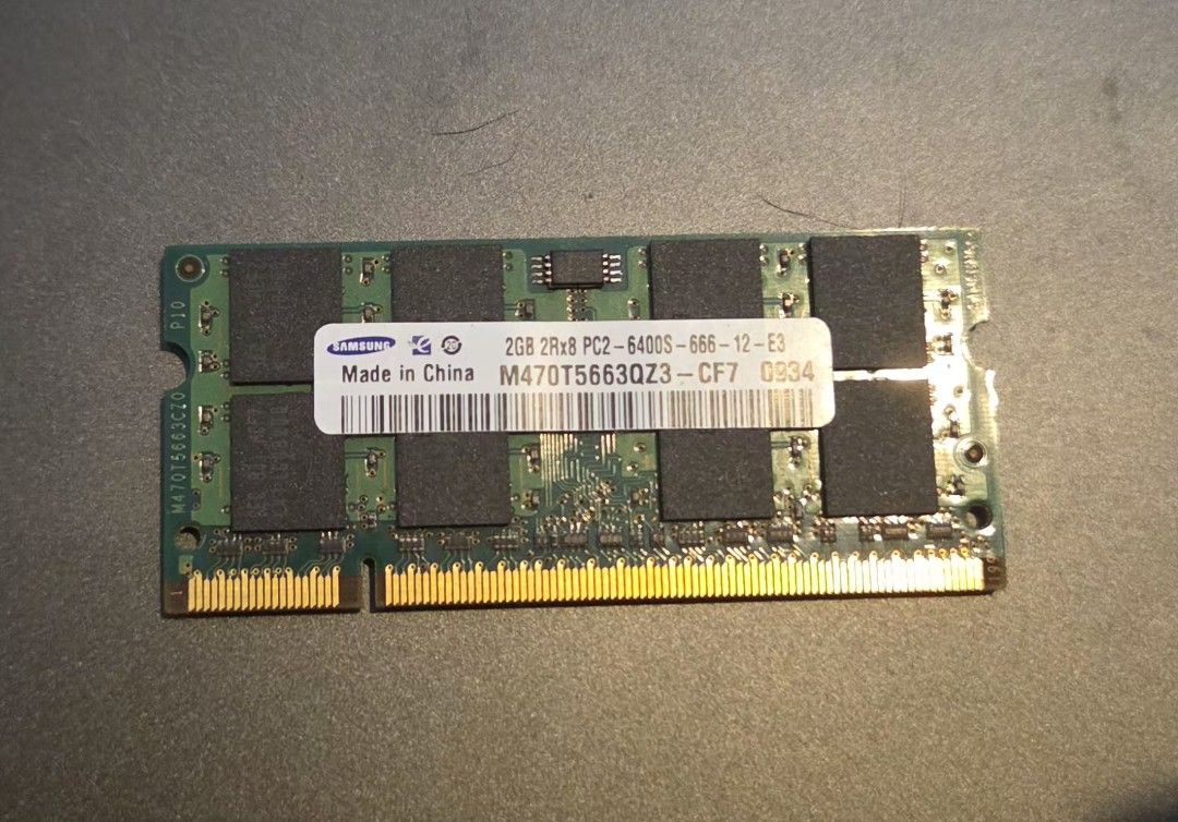 Samsung 2GB DDR2 Laptop RAM Module PC2-6400S (Category: Desktops) located in Valenzuela. Submitted by frances_v (Listing ID 1460441402, Image 1). Description: - Samsung 2GB DDR2 RAM Module - Model: M470T5663QZ3-CF7 - Speed: PC2-6400S 666-12-E3 - Pulled from a working laptop - Tested and confirmed working - Perfect for upgrading older laptops.