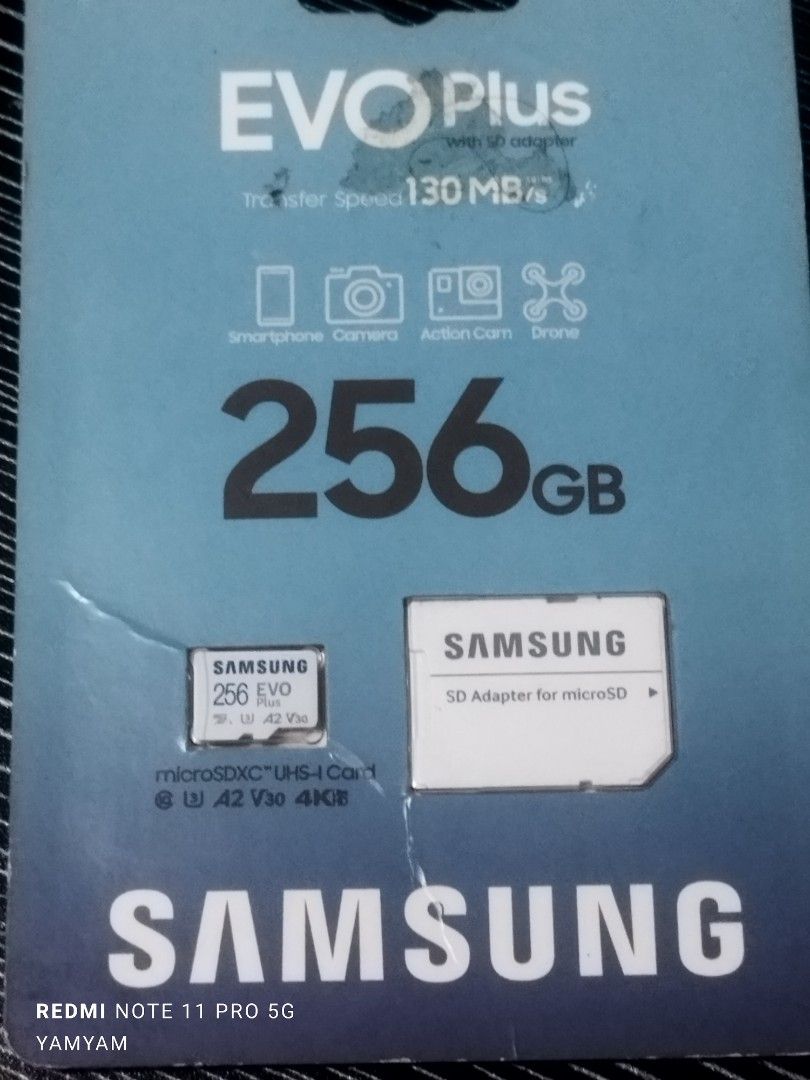 Samsung EVO Plus 256GB MicroSDXC UHS-I Card (Category: Memory & SD Cards) located in Caloocan City. Submitted by soujitendou27 (Listing ID 1460318666, Image 1). Description: - Samsung EVO Plus 256GB microSD Card - Up to 130 MB/s transfer speed - Ideal for smartphones, cameras, action cams, and drones - Includes SD adapter - Made in the Philippines - 1-year warranty.