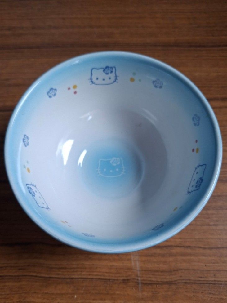 Sanrio Hello Kitty Light Blue Bowl (Category: Other Kitchenware & Tableware) located in Consolacion. Submitted by luxekerei (Listing ID 1460121541, Image 3). Description: - light blue ceramic Sanrio Hello Kitty bowl featuring a graphic of Hello Kitty on the front with subtle pastel floral accents along the inside rim..