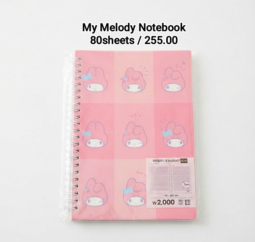 Sanrio My Melody Notebook (Category: Stationery & School Supplies) located in Binan City. Submitted by mayjhe (Listing ID 1460373967, Image 1). Description: 💟 For Sale 💟 👉 Kindly read the page rules 🌸 My Melody 🍀 Notebook 📍 Condition: Good / New 💰 Price is 255.00 🇵🇭 Location Biñan Laguna 🛵 Courier J&T and Lalamove 📋 Shipping by Thursday 📍 NO COD, COP, CHECKOUT 📌 All items are carefully packed and labeled with Fragile stickers for bre